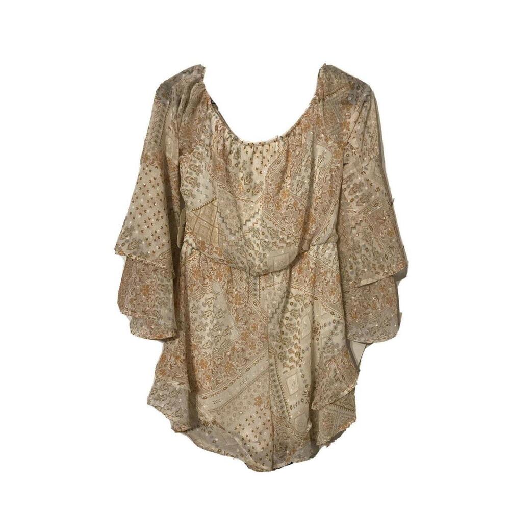 Altard State Romper Shorts Womens Small Bell Sleeves off‎ shoulder Floral Gold